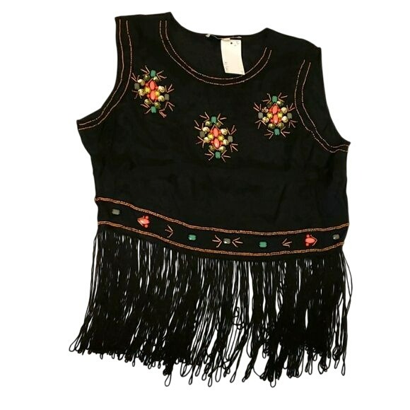 In Luv Boho Shabby Chic Fringe Sleeveless Tank Top Black Women Medium M NWT
