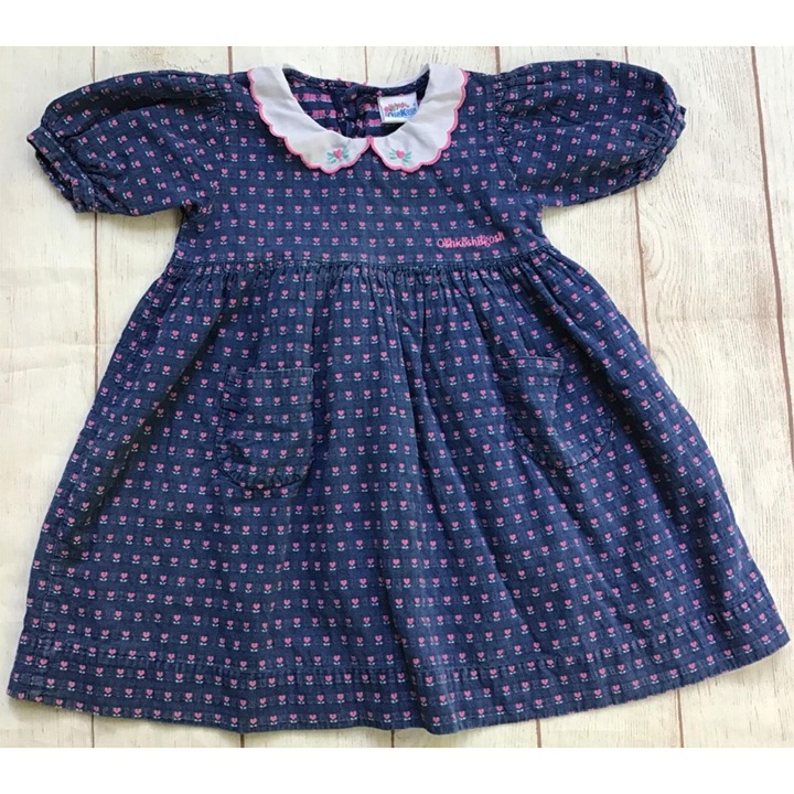 OshKosh B'Gosh Dress Girls Sz 3-4 Blue Pink Heart Flowers Pockets Vintage 90s