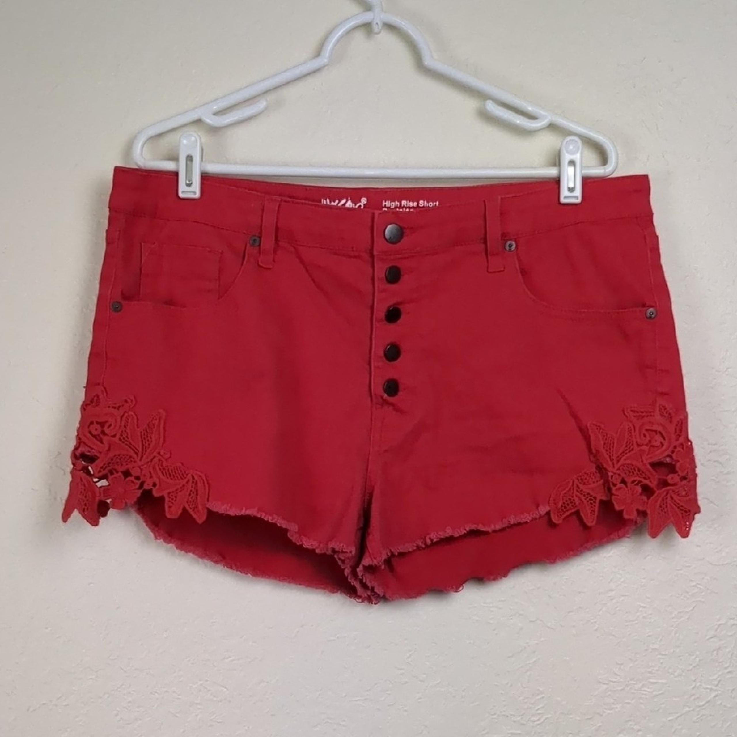 Mossimo High Rise Shorts Red Denim Size 18 Lace Detail Button Fly