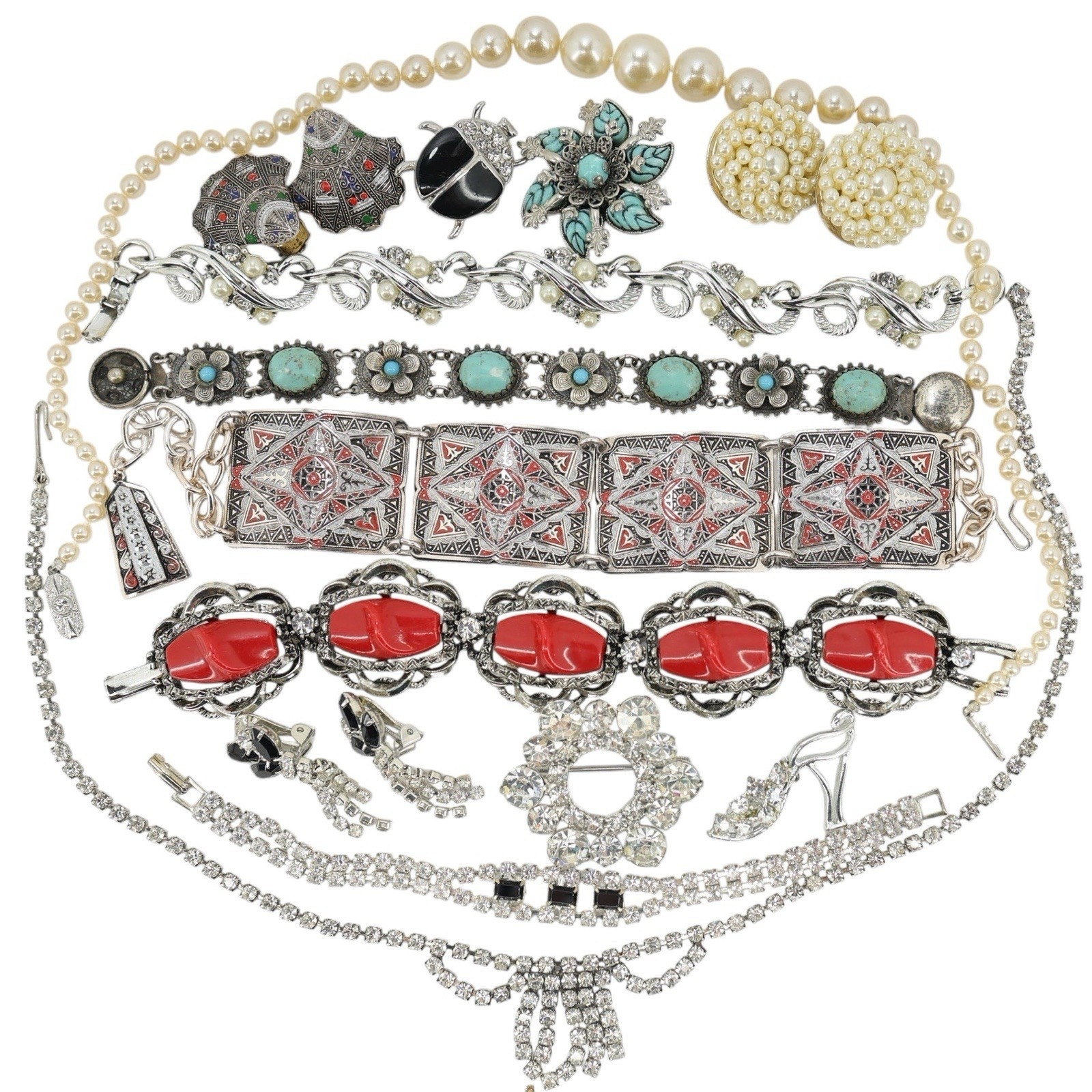 Vintage MCM Jewelry Lot - Panel Bracelets Chokers Rhinestones Enamel Silvertone