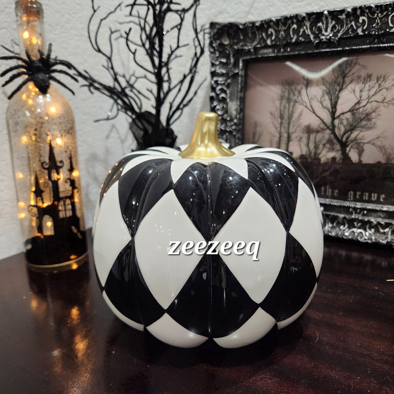 Thanksgiving Halloween Mackenzie Style Black White Harlequin Pumpkin Figurine