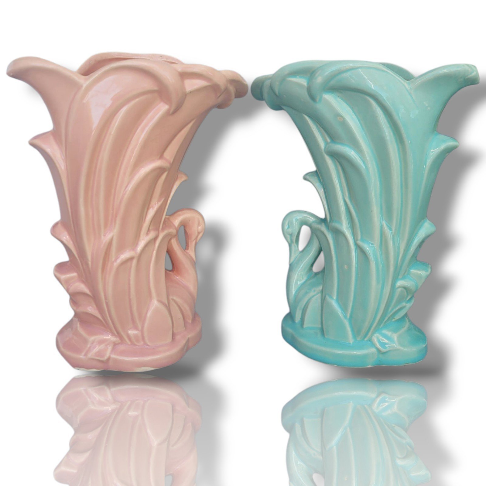 Vintage Mid-Century McCoy Art Pottery Swan Pink Coral and Aqua Blue Vases