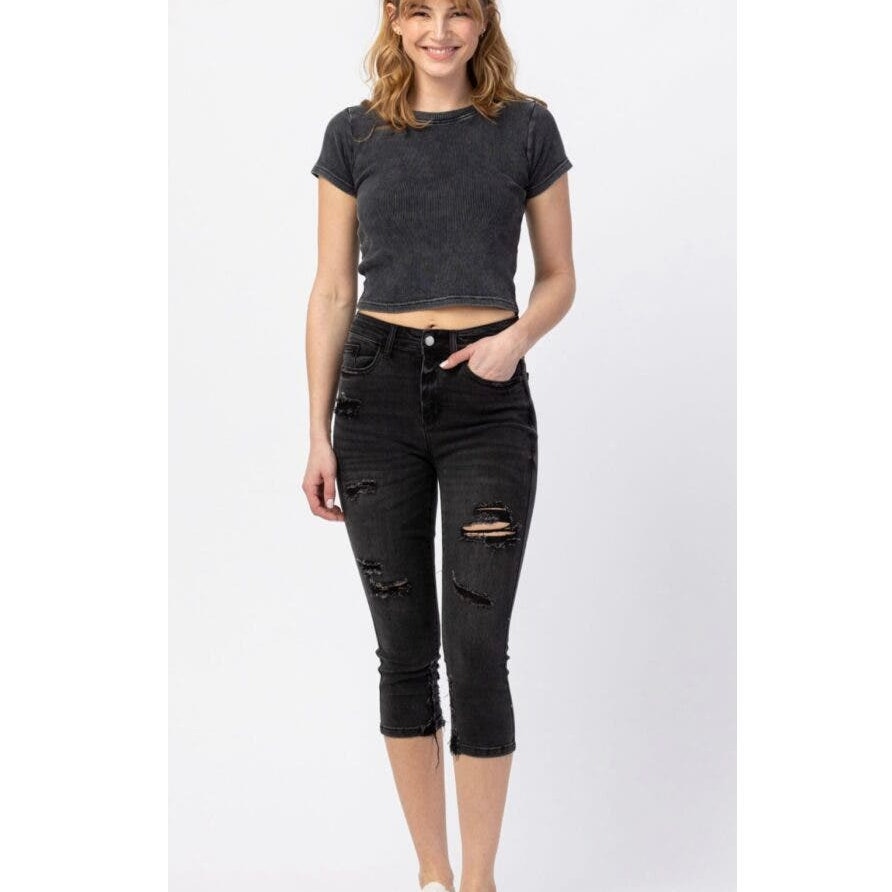 Judy Blue Women's Midnight Capri High Waist Destroyed Skinny Jeans Size 24 NWT
