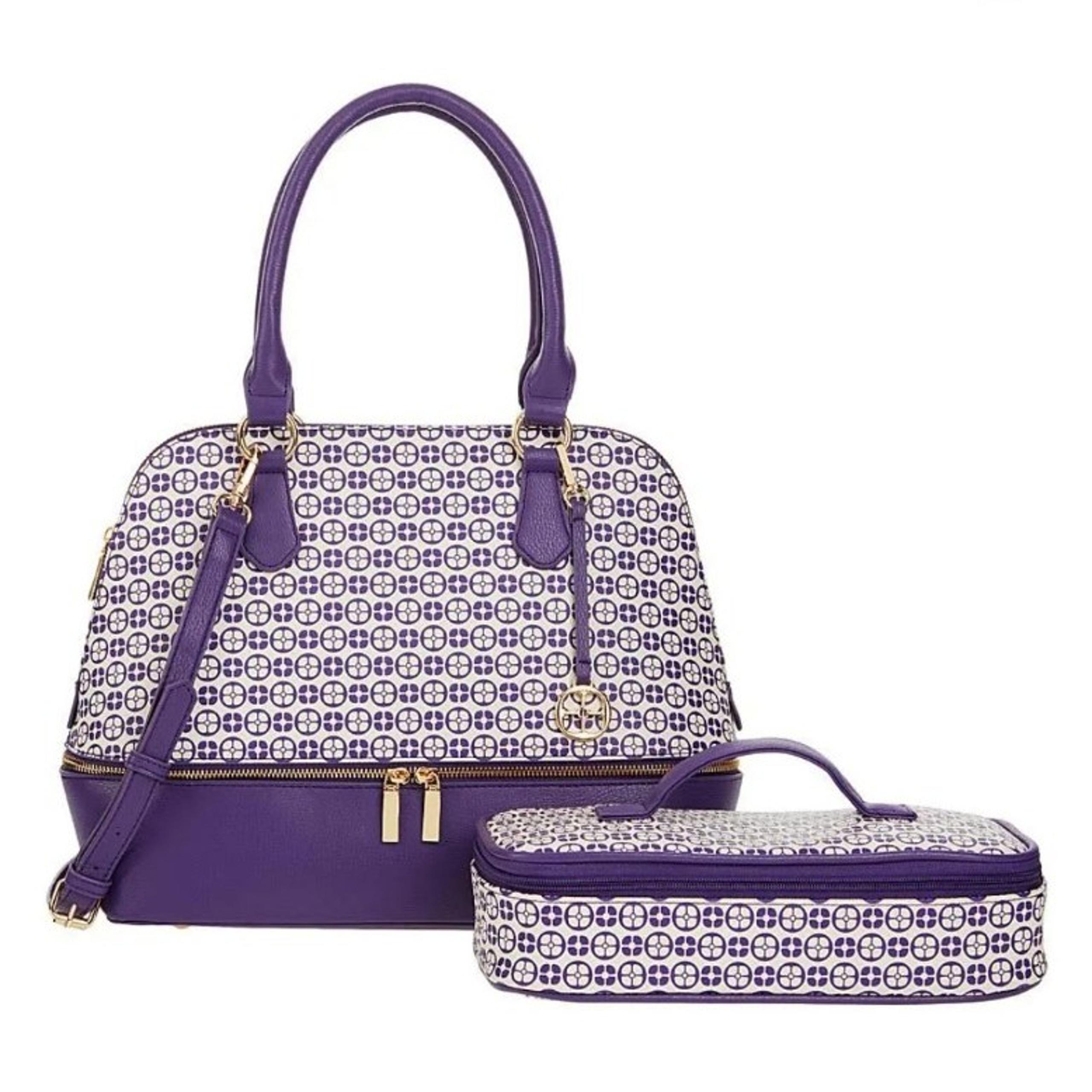 IMAN purple signature logo print satchel with removable cosmetics case