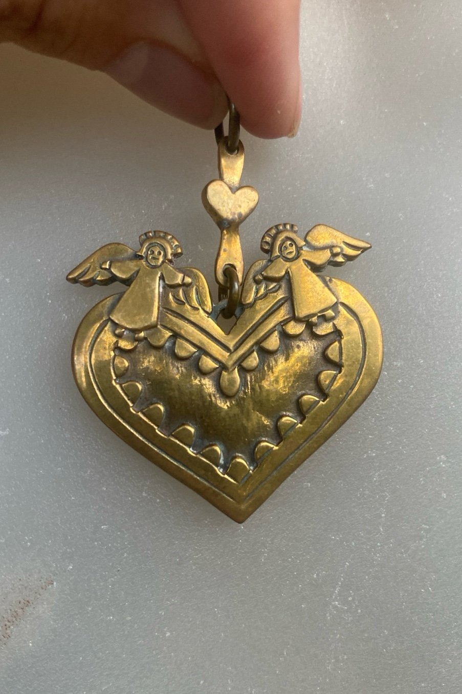 Y2K RARE & RETIRED Brass Heart & Angels Pendant Charm By JEEP COLLINS Vintage