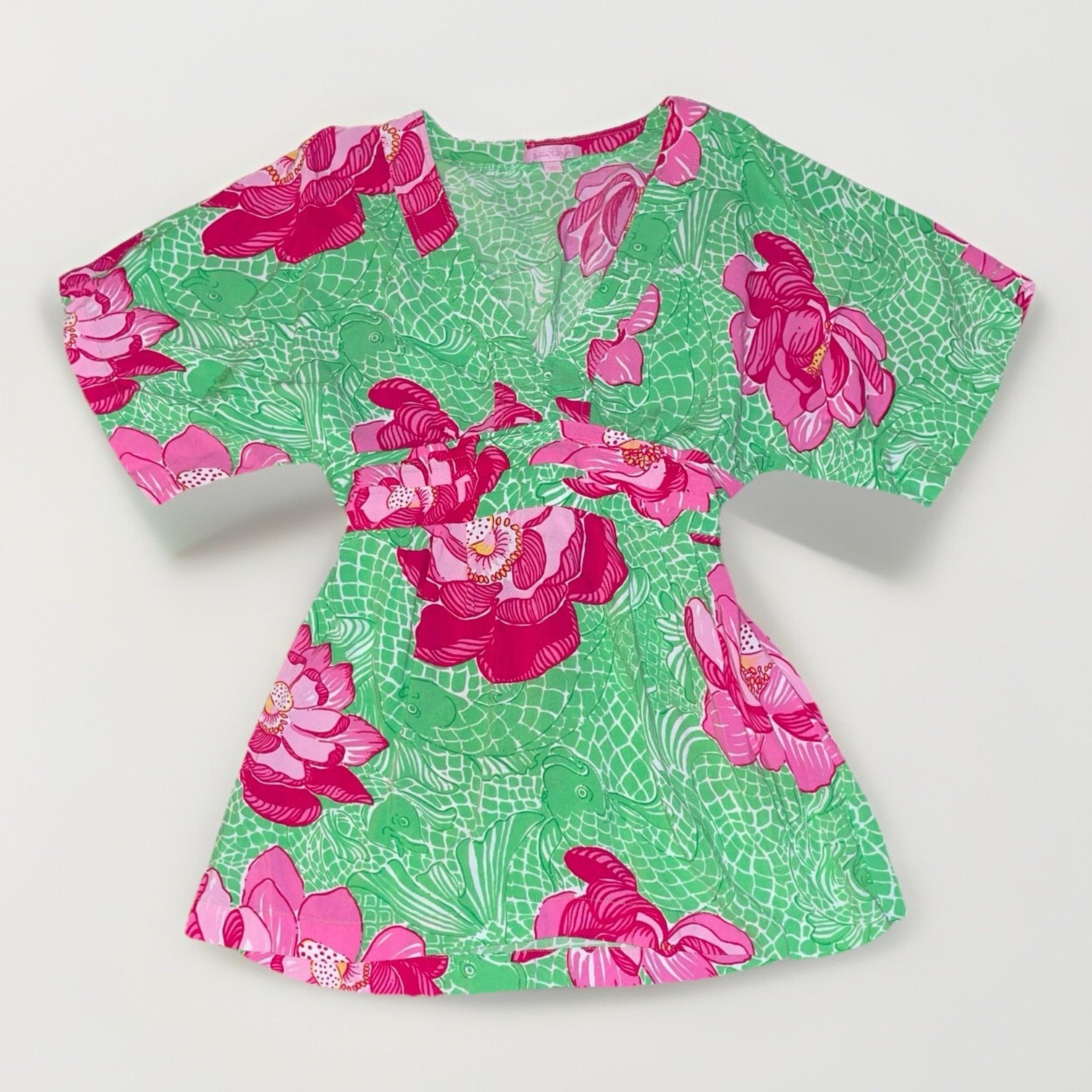 Lilly Pulitzer Womens Top Green Pink Floral Tie Tunic Flare Retro Preppy Size XS