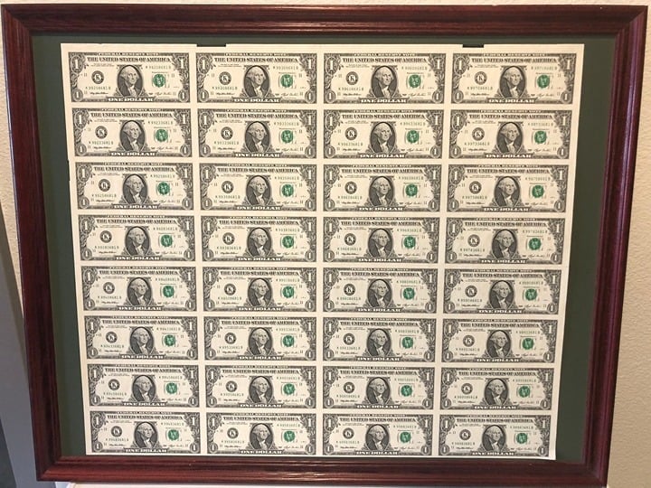 Framed 1993 Uncut Sheet of Dollar Bills / 32 Bills, Wooden Frame