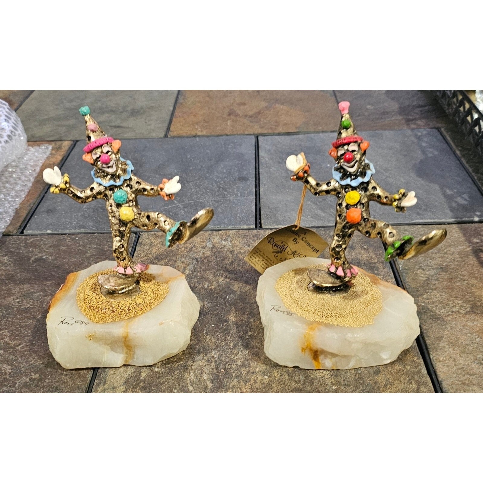 Ron Lee Signed Clowns Standing On One Foot 85 & 87 w/24K Gold Paint Accents