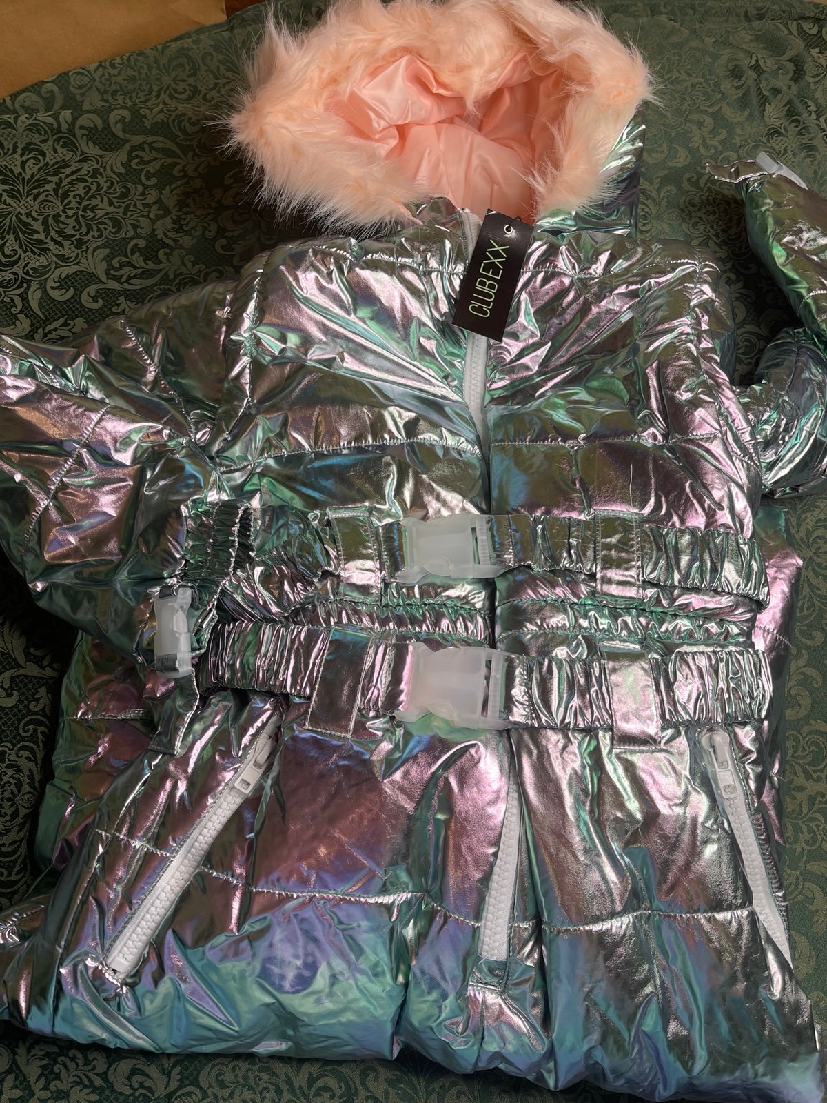 NWT M CLub EXX dolls kill zip off Aurora holographic snow suit fur hoodie coat