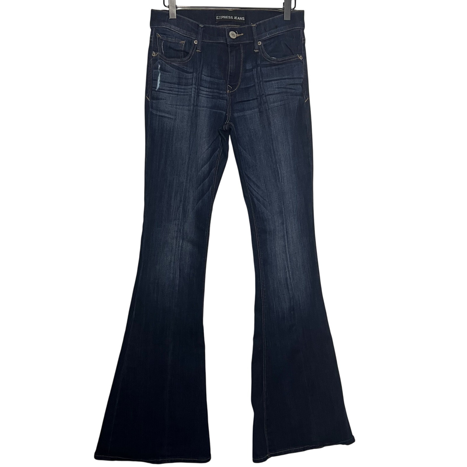 Express Bella Flare Mid Rise Denim Jeans Women Size 4 Blue Y2K Stretch Dark Boho