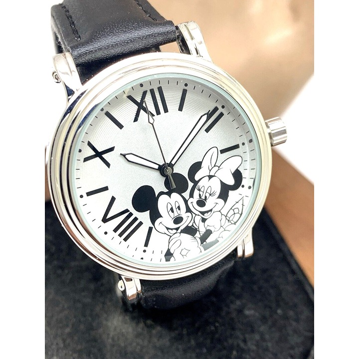 Disney Women's Watch Mickey Minnie Mouse Quartz 38mm Black Leather Strap W001860
