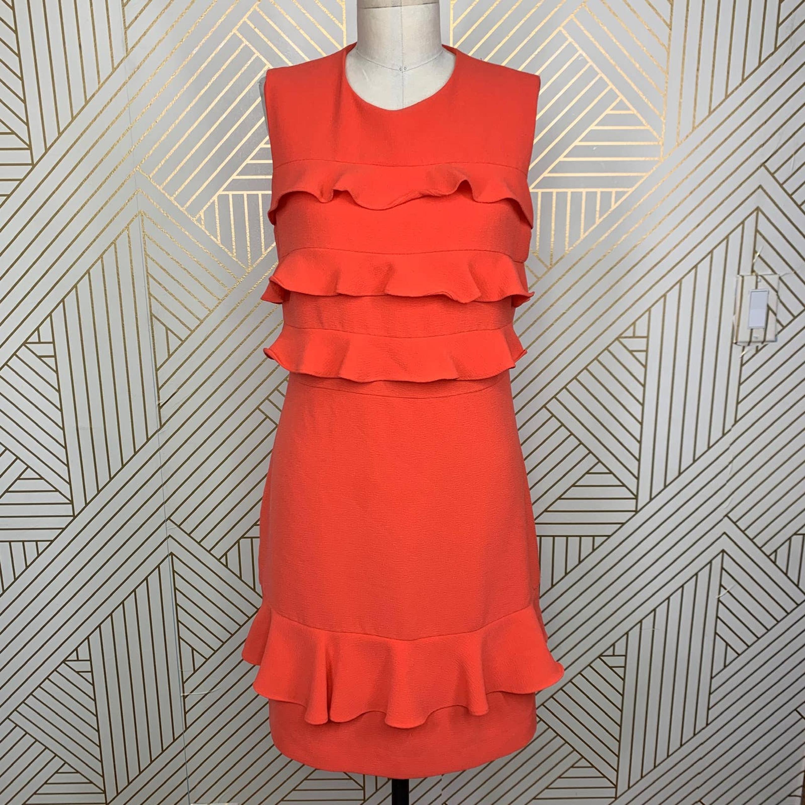Whistles Bea Frill Front Dress in Coral Red Orange Ruffle Size US 8 / UK 12