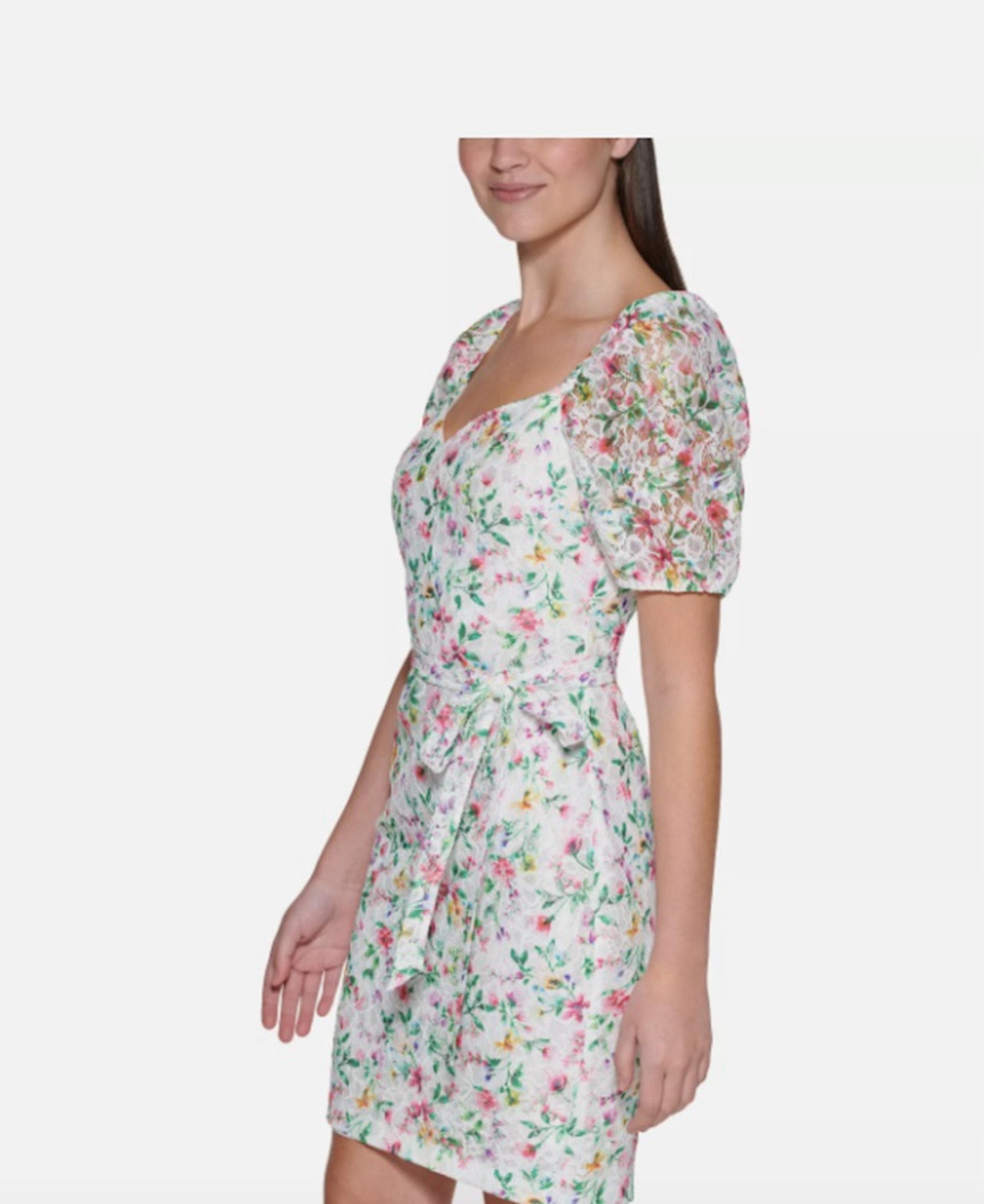 NWT  Guess Women's Printed Floral Lace Puff Sleeve Mini Dress