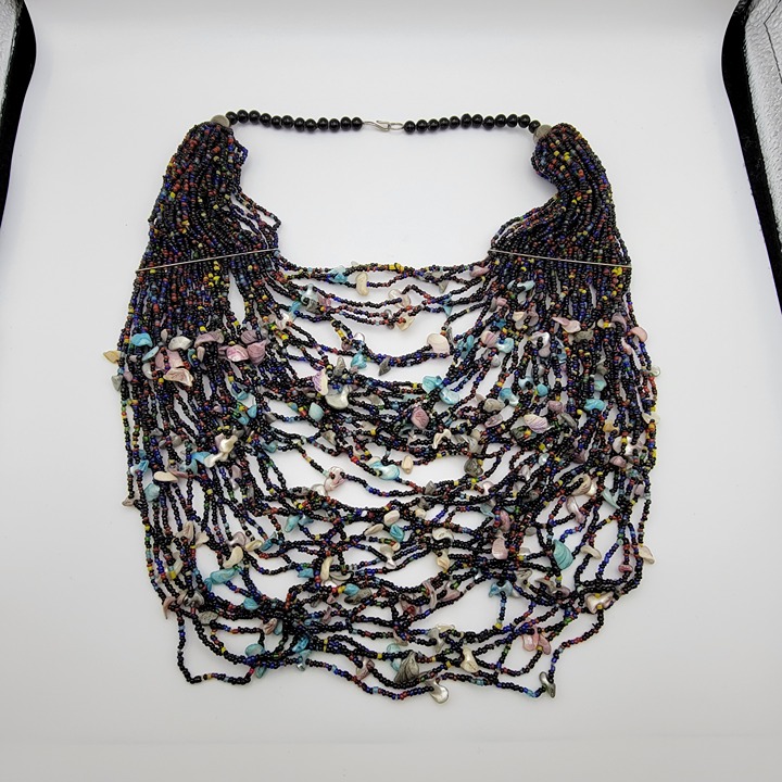 Vintage Shell And Seed Bead Statement Tribal Necklace 20 Multi Strand Bib