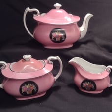 DISCOUNTED!!! Czechoslovakian tea set, pink Fruit Basket pattern.