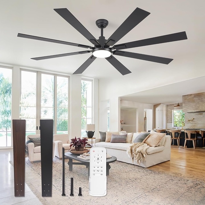 72 Large Ceiling Fan w/ Lights & Remote, 6-Speed Quiet DC Motor -Black & Walnut
