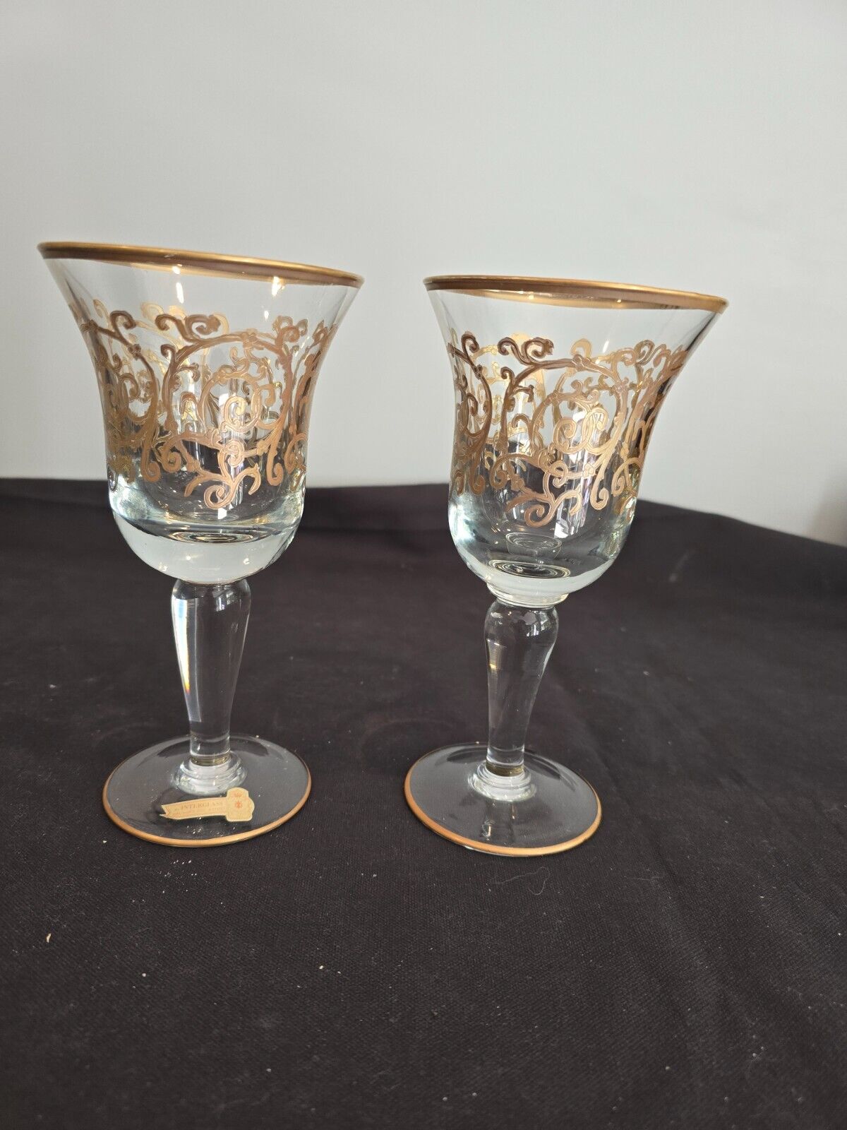 SET of 2 Interglass Italy Clear & Hand Painted 24K Gold Water/Wine Glasses