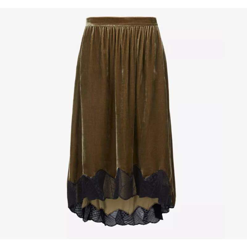 Zadig & Voltaire Joslin Velvet Midi Skirt Brown Green High Low Lace Trim Size 40