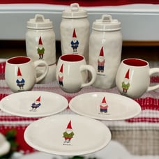 Rae Dunn Magic, Merry, Mischief Elf Gnome Christmas Canister/Cup/Plate DIMPLES!