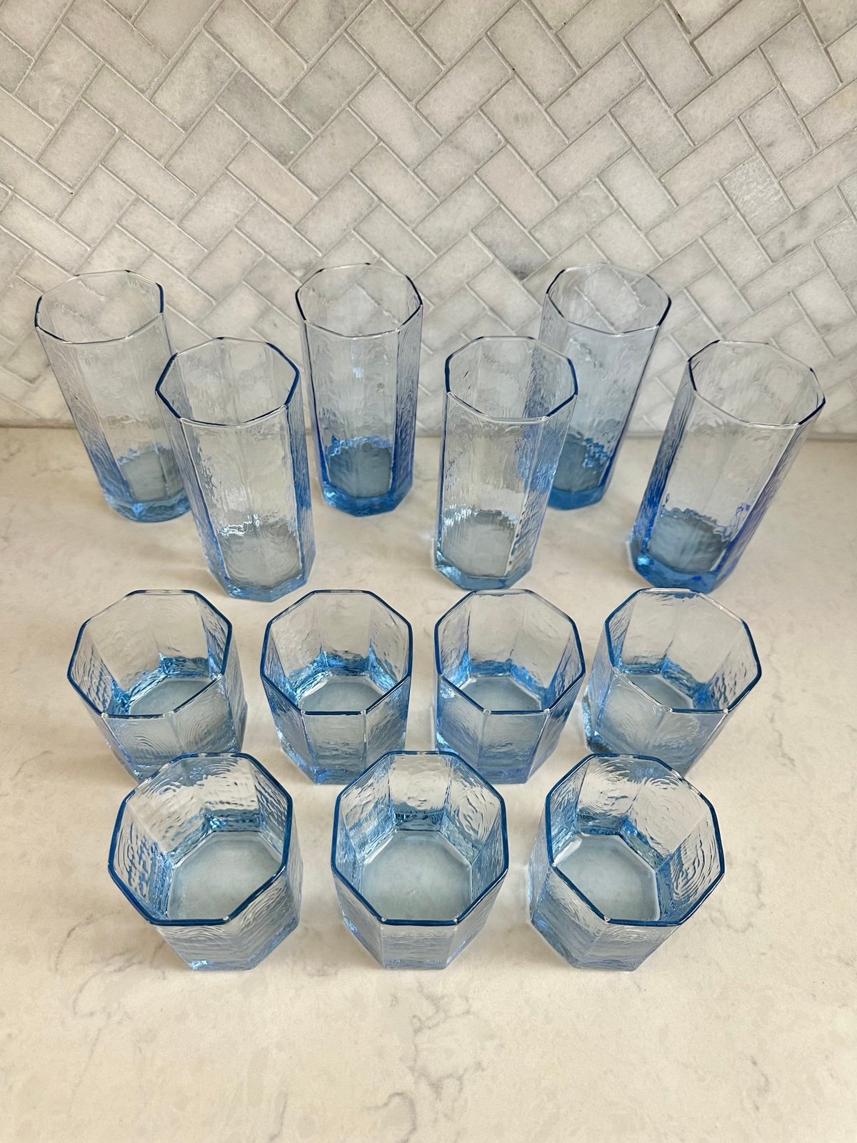 Set of 13 Vintage Libbey Facets Light Blue Tumbler Drinking Glasses
