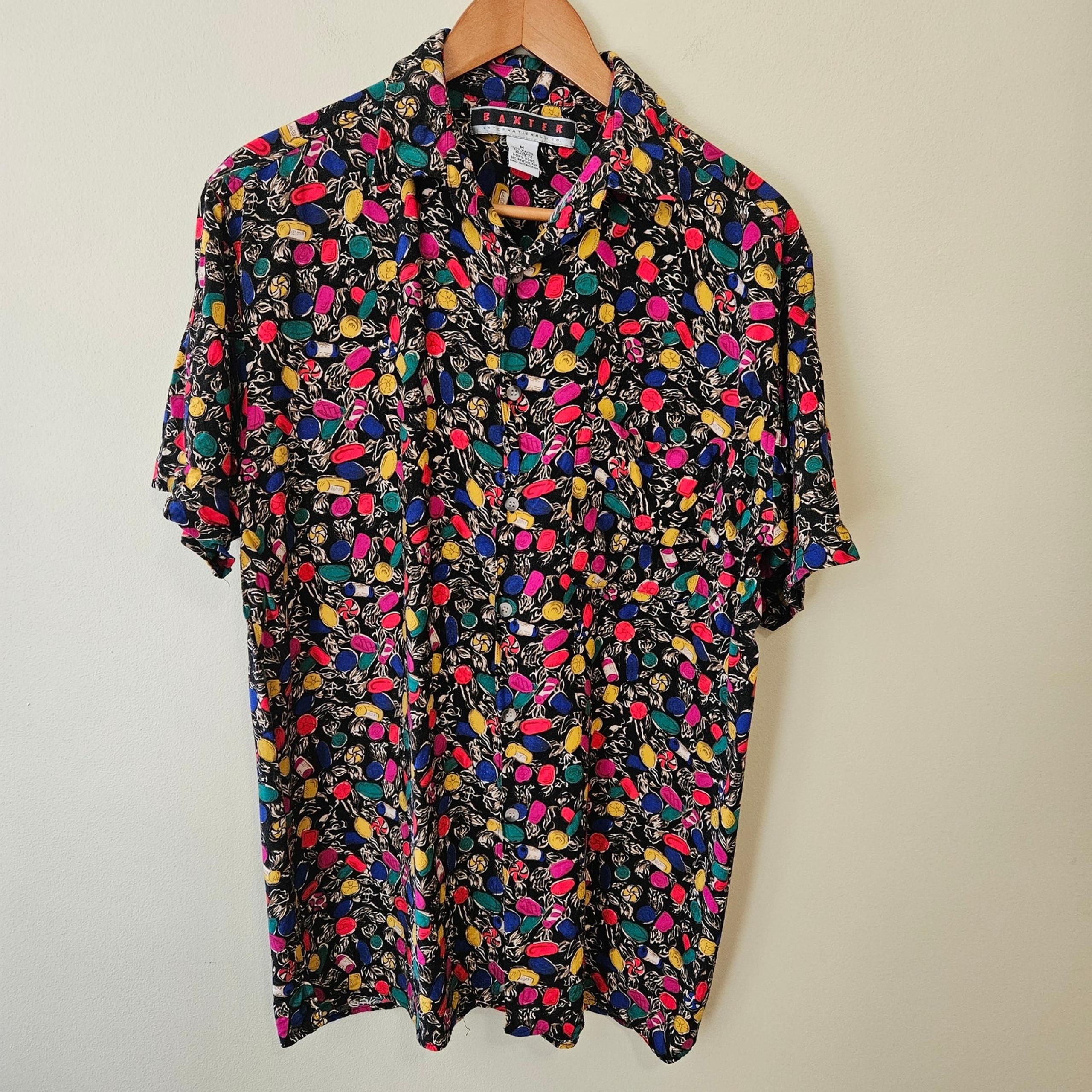 Vintage 90s Men's Button Down Shirt, Size M AOP Abstract Colorful Candy