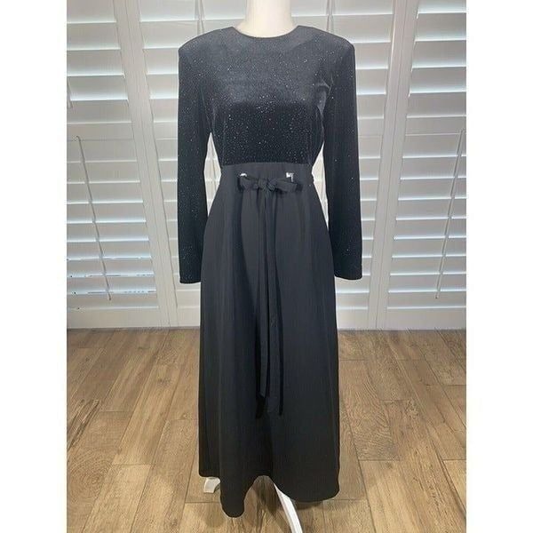 Vtg 80s David Warren Black Velvet Sparkle Maxi Dress 8P Formal Long Sleeve Glam