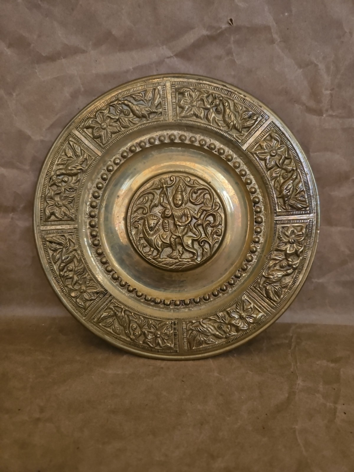 Antique Old Hindu Goddess Maa Durga Brass Wall Hanging Tray Plate 7.5