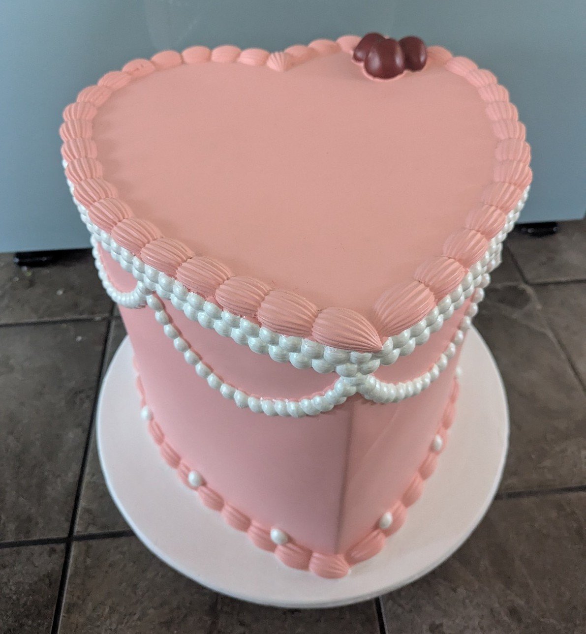 Viral pink heart shaped cake stool cherry pearl piping end table accent decor