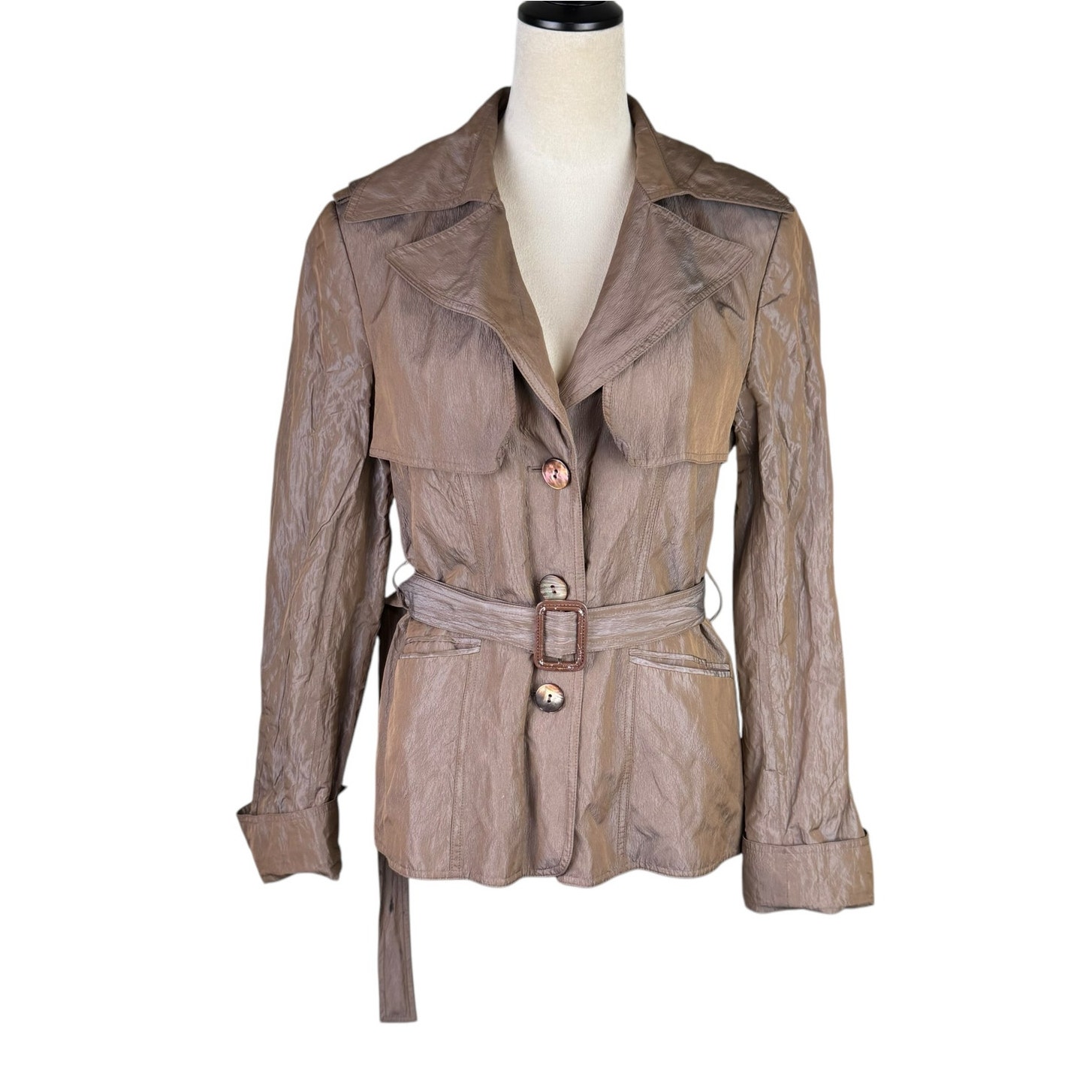 Lafayette 148 New York Metallic Crinkle Brown Belted Trench Blazer Jacket