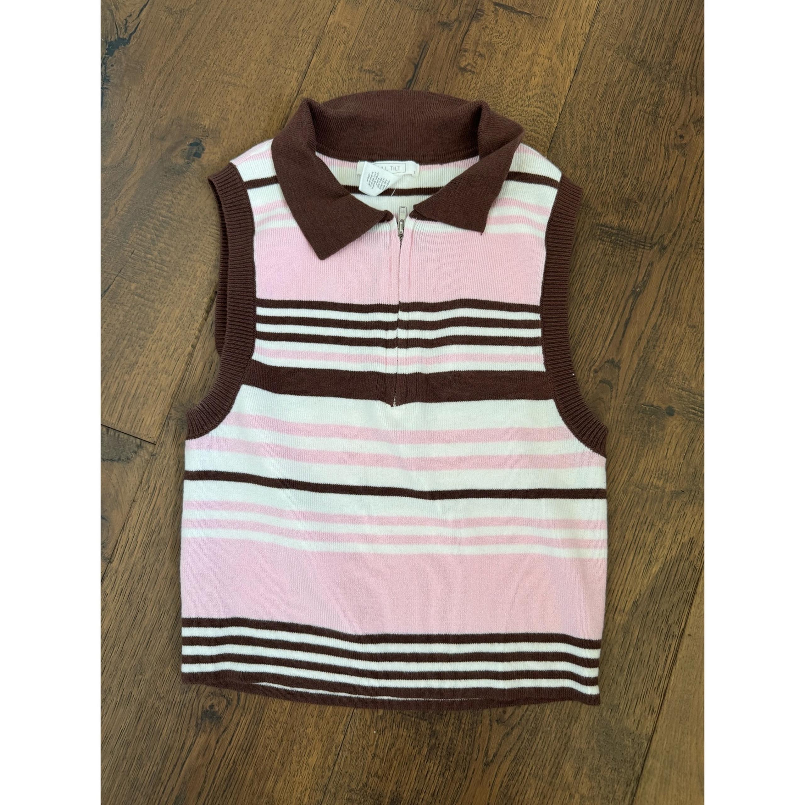 Full Tilt Sleeveless Cropped Polo Sweater Zip Y2K Pink Brown Striped Womens Sz S