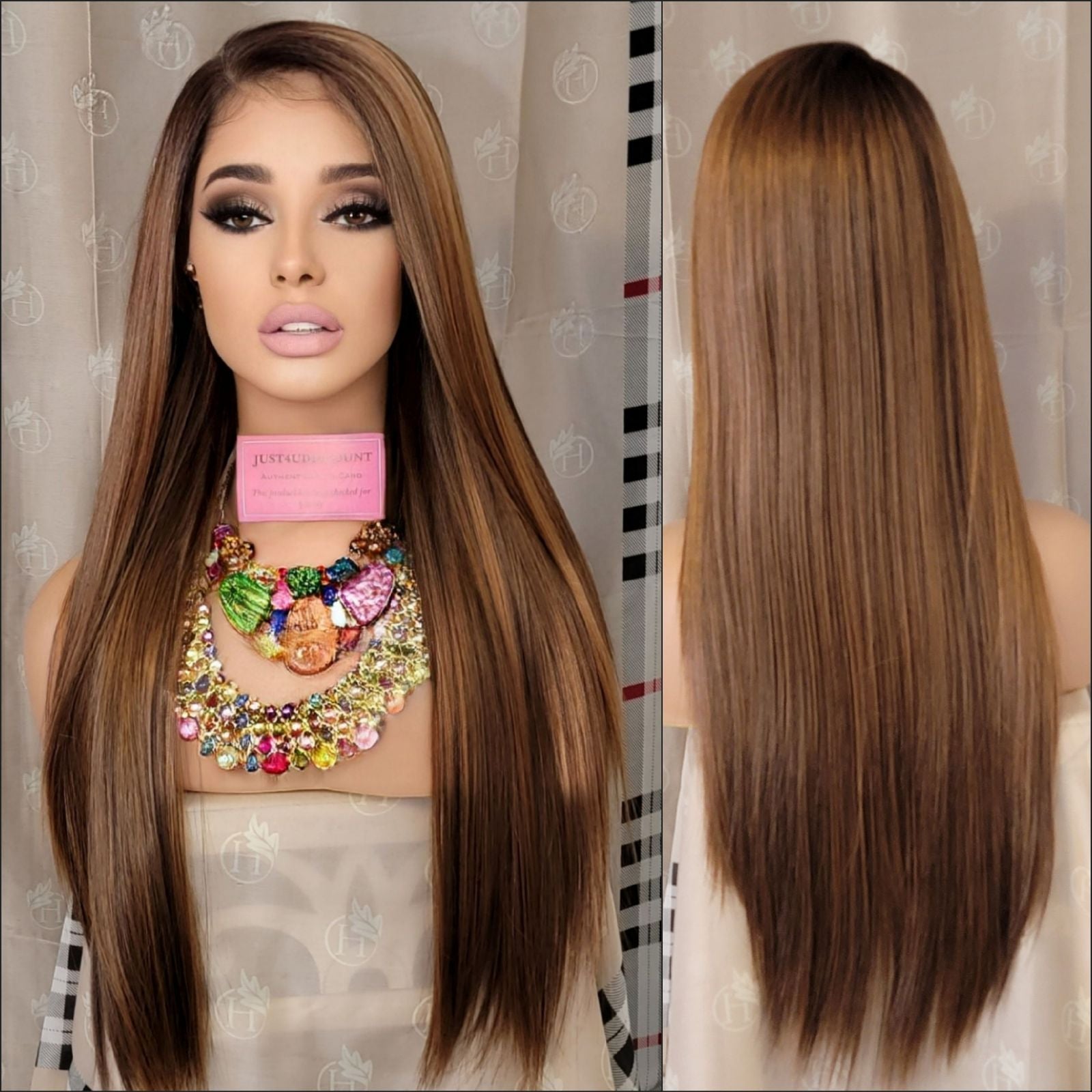 Wowfactor Silky straight brown h.d lace front wig with copper blonde highlights