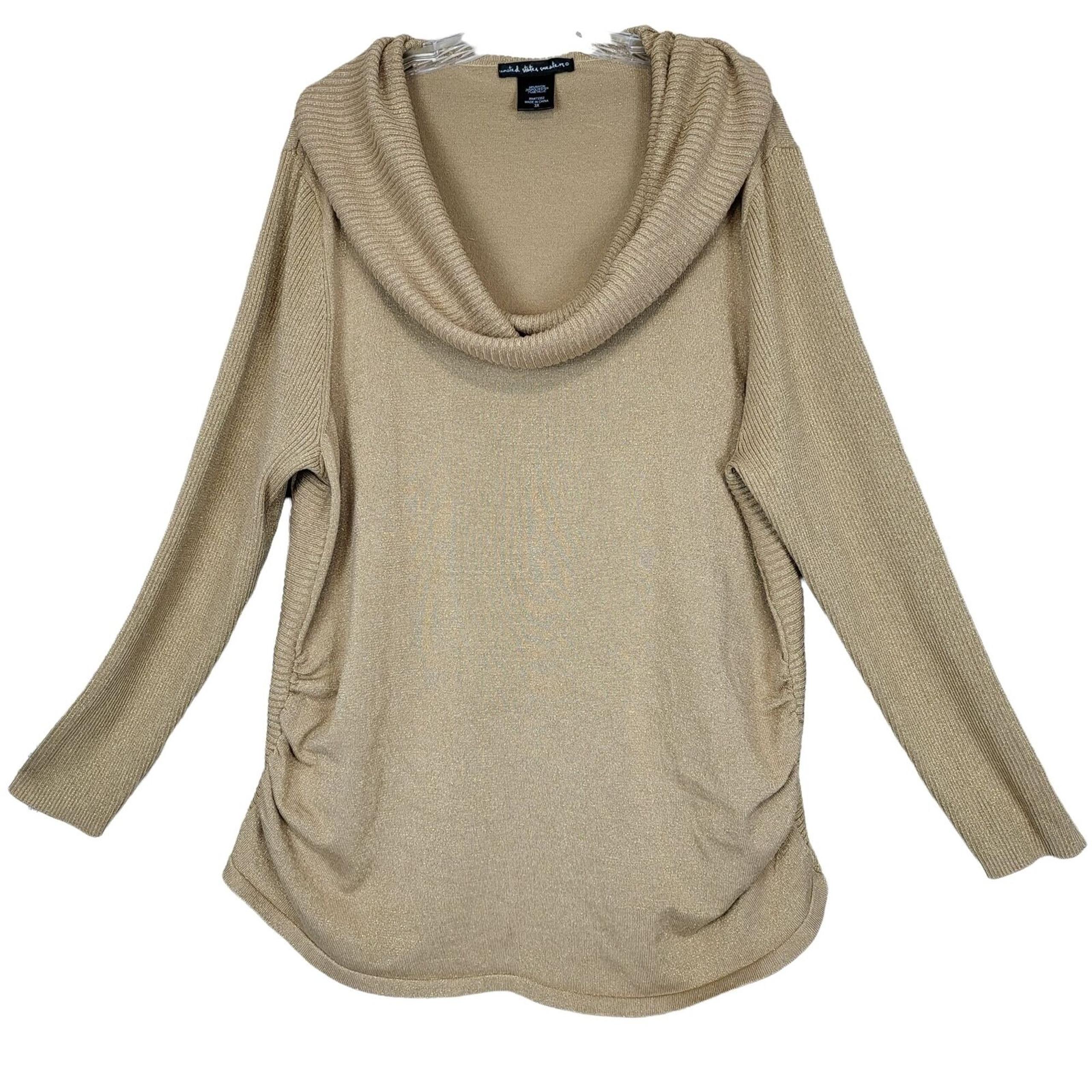 United States Sparkle Cowl Neck Sweaters Women 3X Long Sleeve Tan Glittery Gold