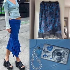 Y2K VTG | LOW RISE ASYMMETRICAL VELVET PAISLEY SNAKESKIN 2000s BLUE MIDI SKIRT