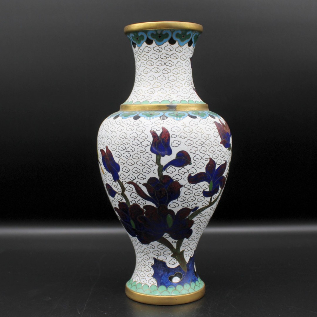 Vintage Brass Cloisonne Flower Vase Enamel Chinoiserie Style Floral Design Decor