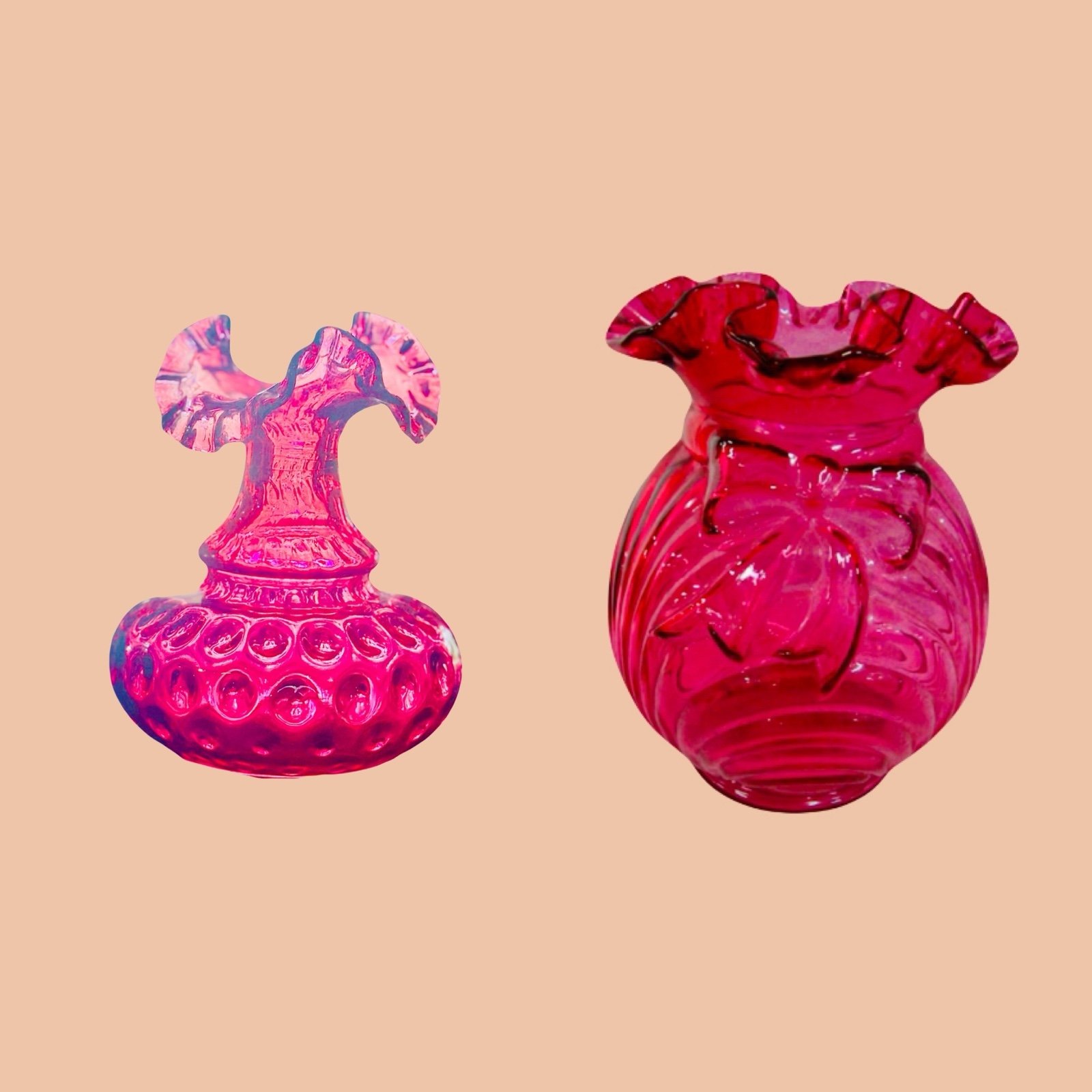 Vintage Fenton Cranberry Glass Two Ruffled Vases Excellent Condition