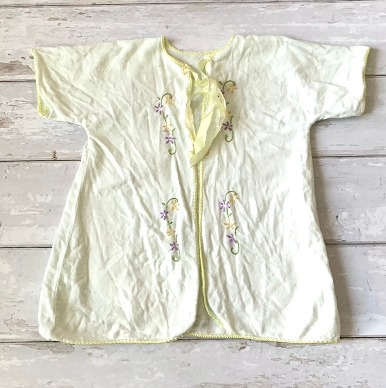 Vintage 1940s Baby Kimono Dress Ribbon Tie Handmade White Yellow Embroidery
