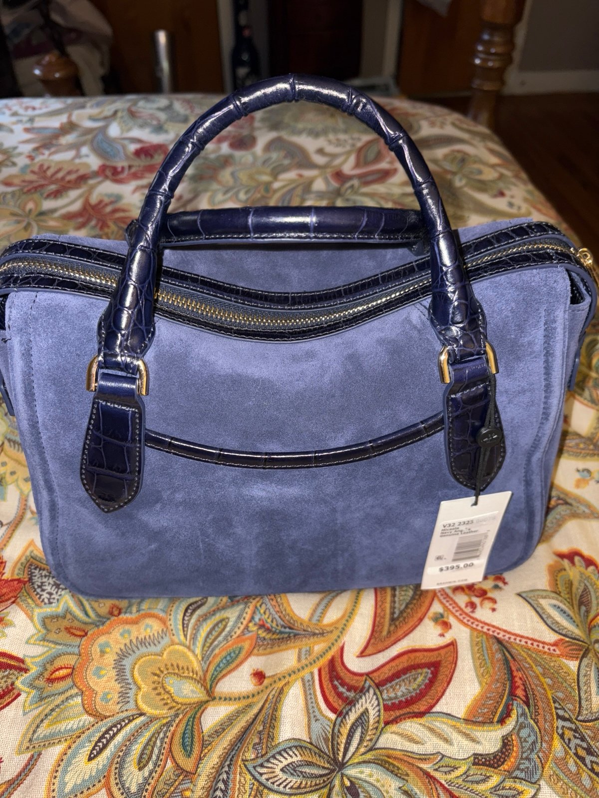 Brahmin Angora Collection Suede Navy Micaela Mid Satchel Bag NWT