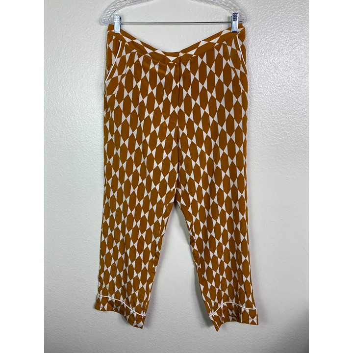 Tory Burch Women Geometric Mustard White Silk Pants Size Small Boho Flowy Resort