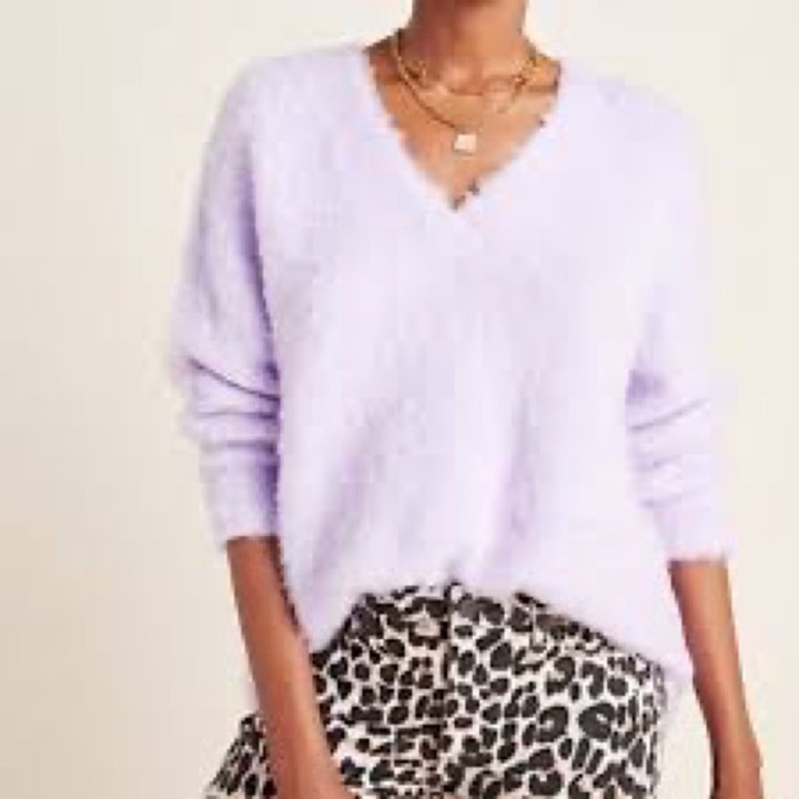 A for Anthropologie Purple Fuzzy Pullover Sweater V Neck