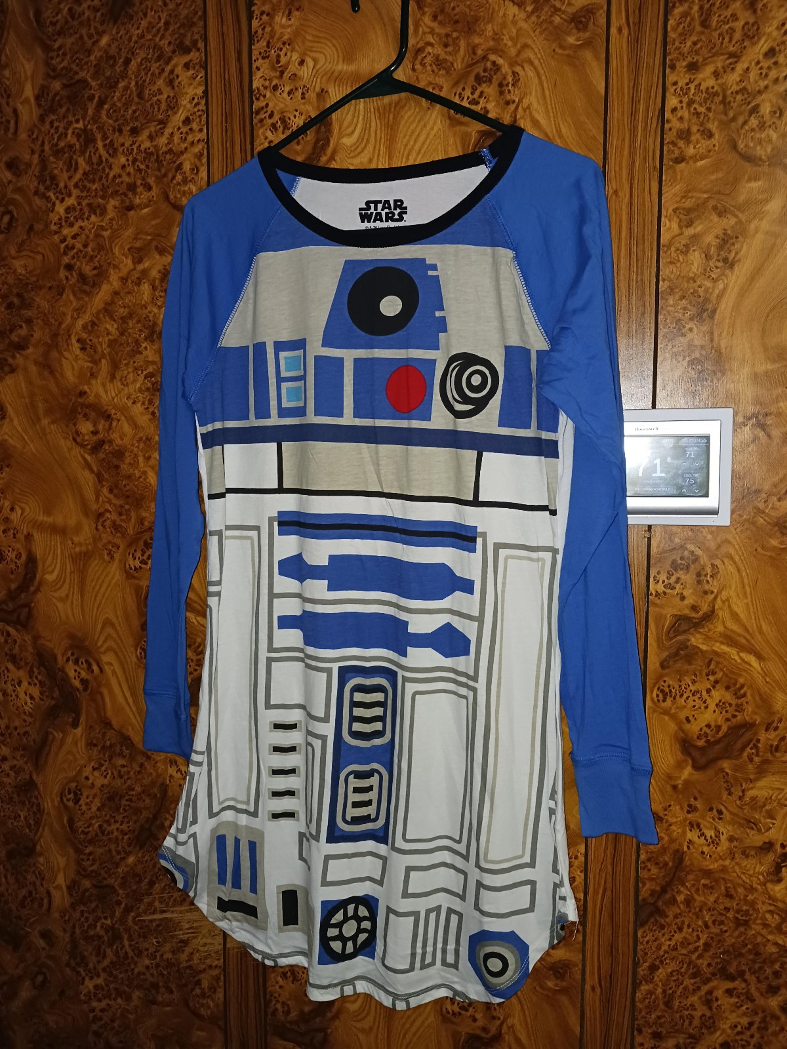 DISNEY STAR WARS women's long slv sleep shirt robot cottn blend blue black wht L