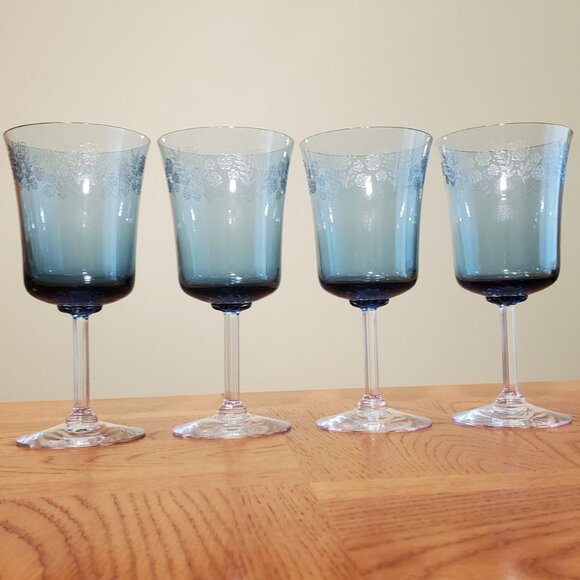 VTG. Fostoria Glasses. Blue Bowl w/ Clear Stem and Base. 8 oz. 6.5" (Lot of 4)