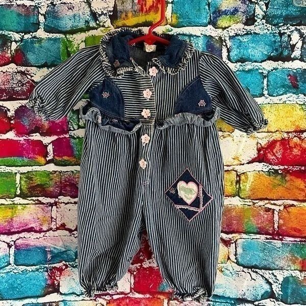 Vintage Denim Hickory Stripe Girls Romper Embroidered Roses Flower Buttons 6-9 M