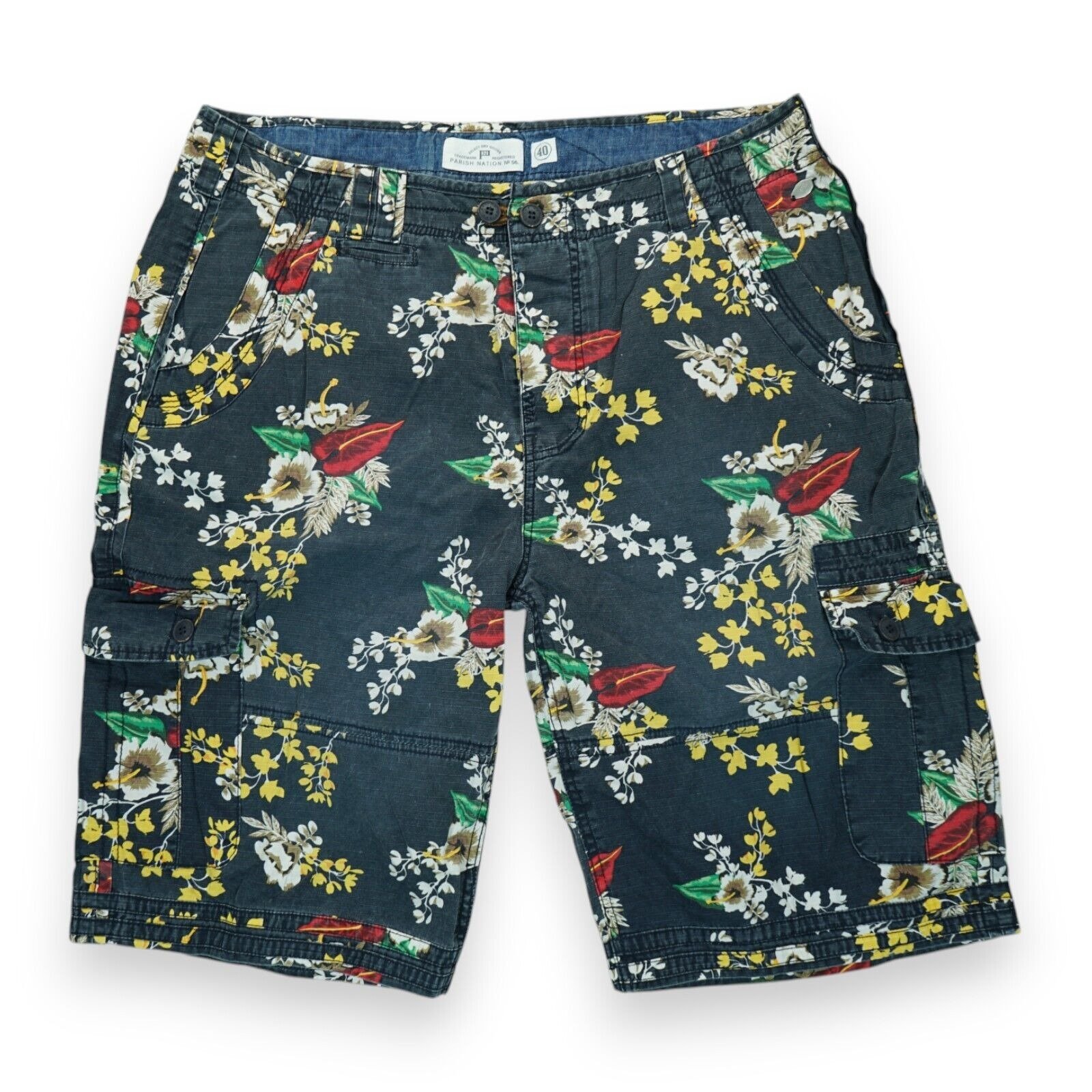 Parish Nation Hawaiian Beach Men's Cargo Shorts Flowered Print Denim Size 40