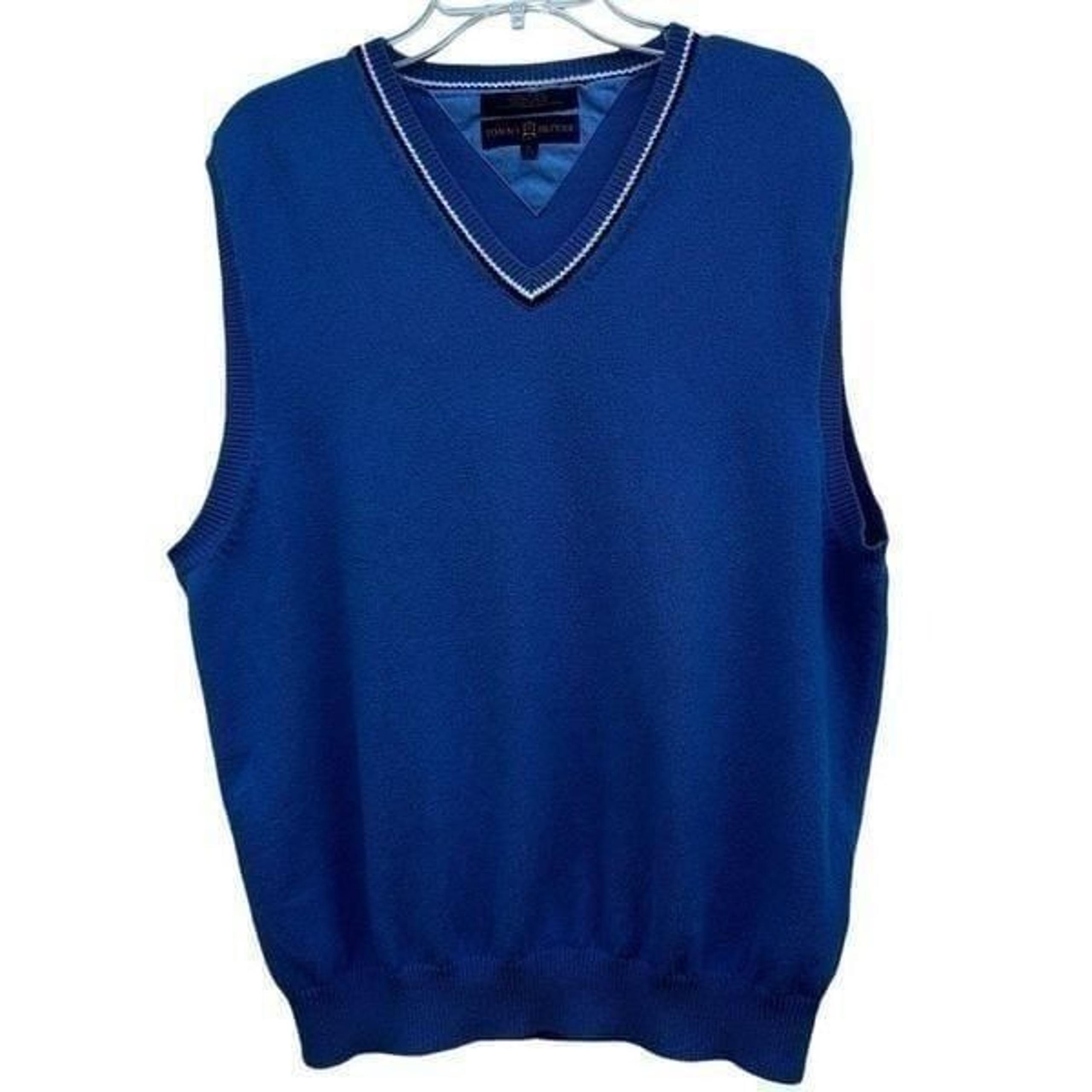 Tommy Hilfiger Golf Sweater Vest Men's Large Blue V-Neck Cotton Knit Ribbed Trim