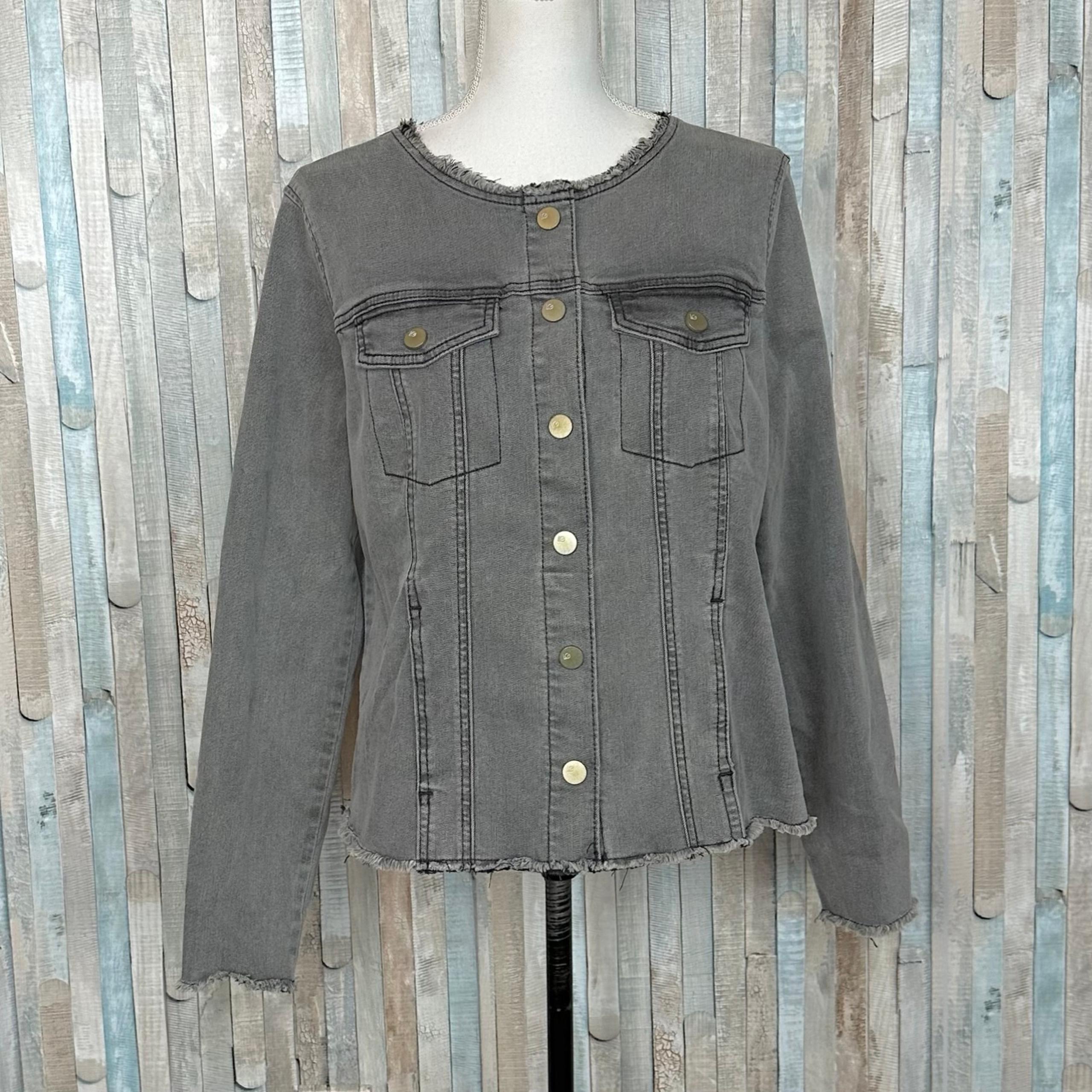 LOGO by Lori Goldstein 8 Gray Enzyme Wash Stretch Twill Snap Denim Jacket Frayed