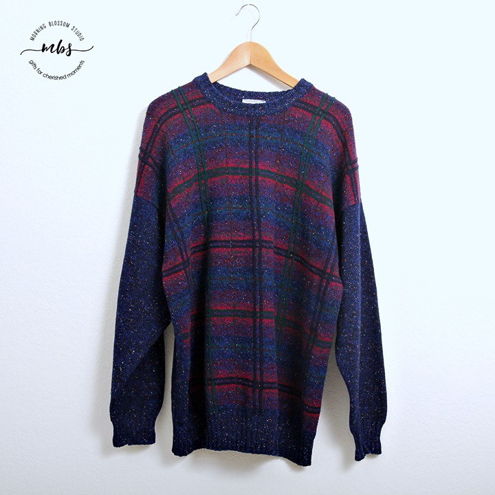 Scott Officer Plaid Crew Neck Wool Silk Blend Sweater