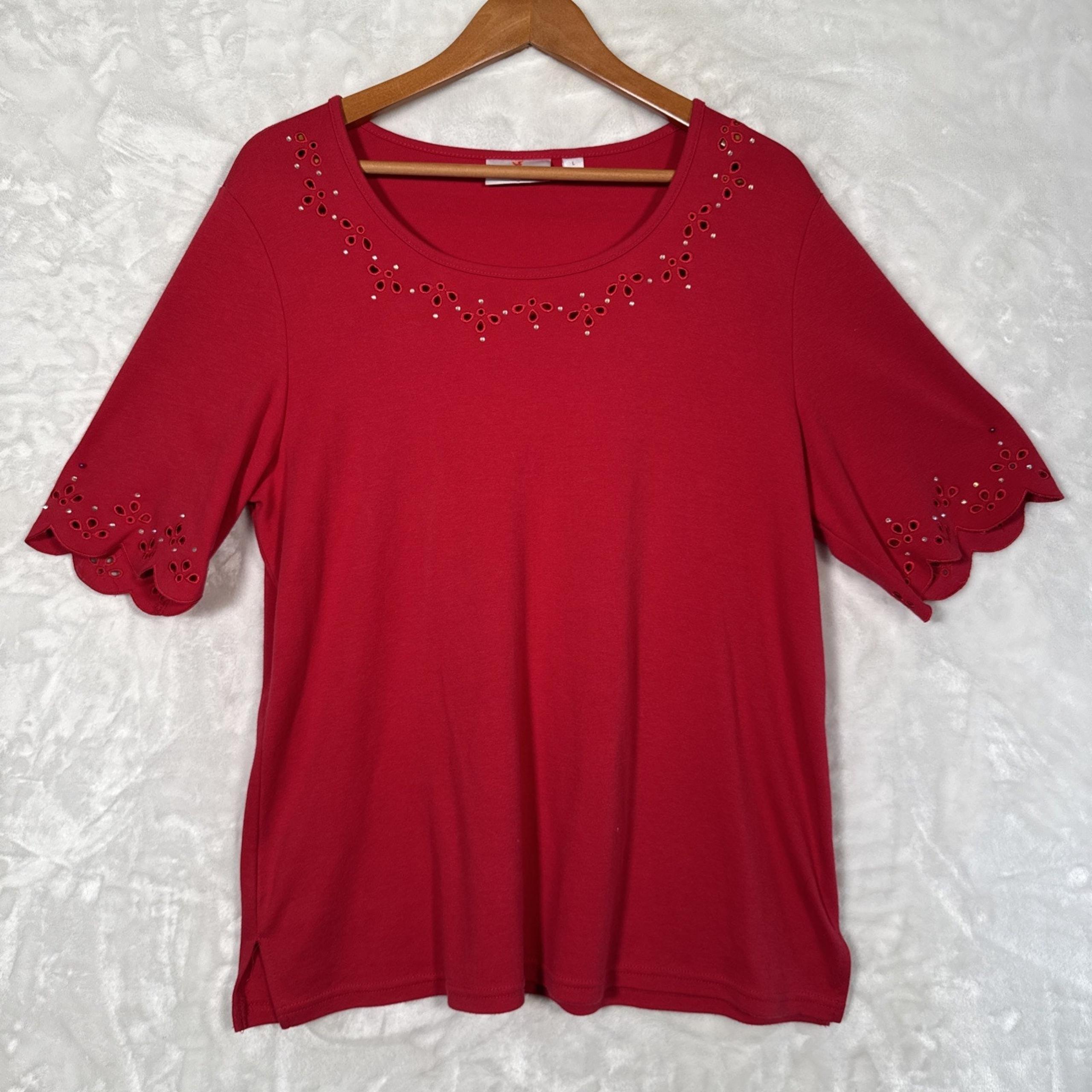 L Quacker Factory by Jeanne Bice Scalloped Bedazzled Short Sleeve Top GrannyCore