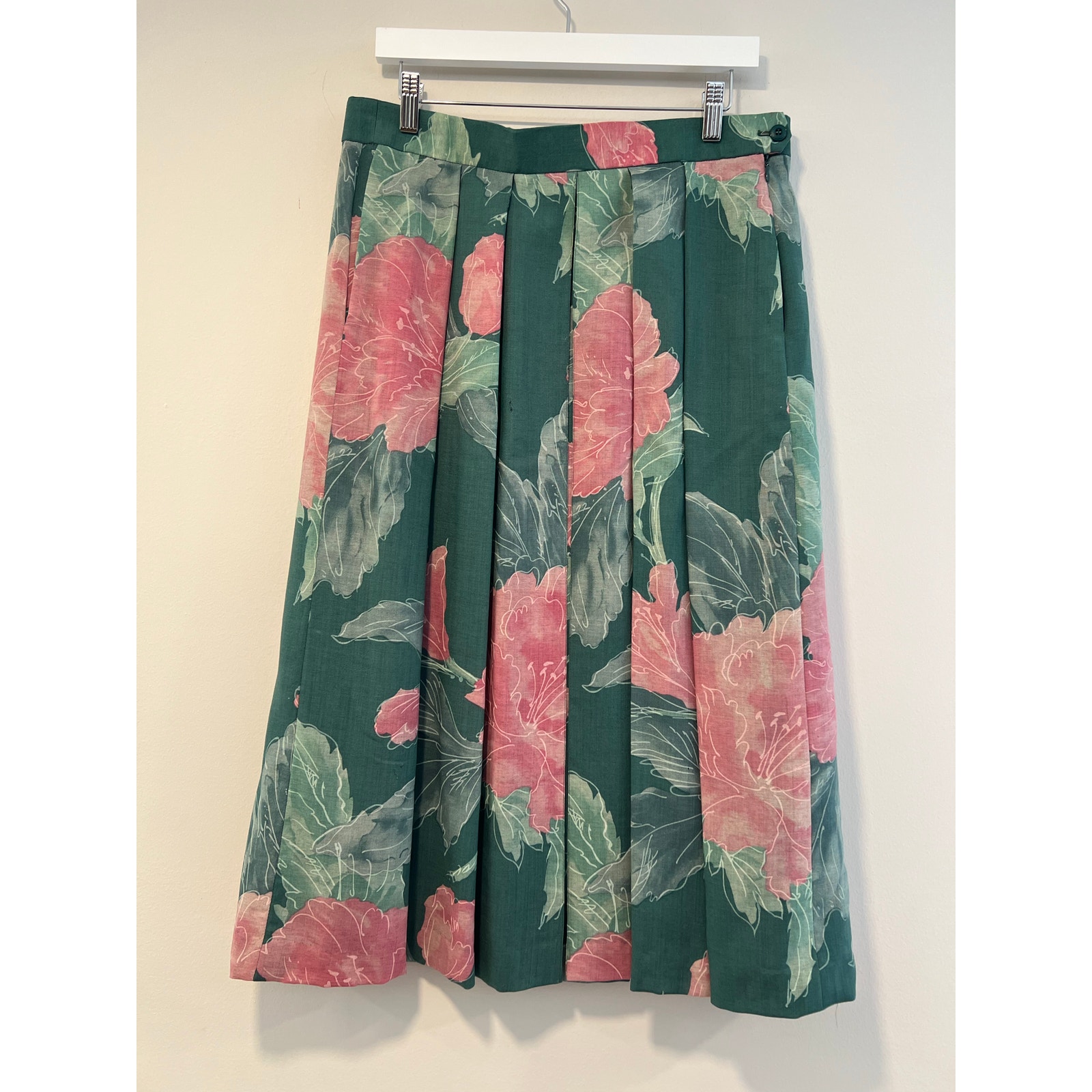 Geiger Austria Wool Midi Skirt Pleated A Line Green Pink Floral Size 38 / 8 JJ