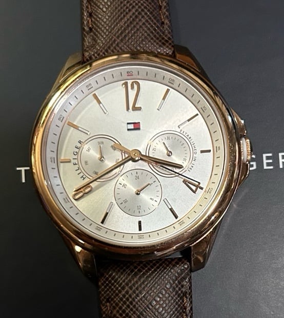 Tommy Hilfiger Watch 42mm Silver Chronograph Face & Brown Leather Band