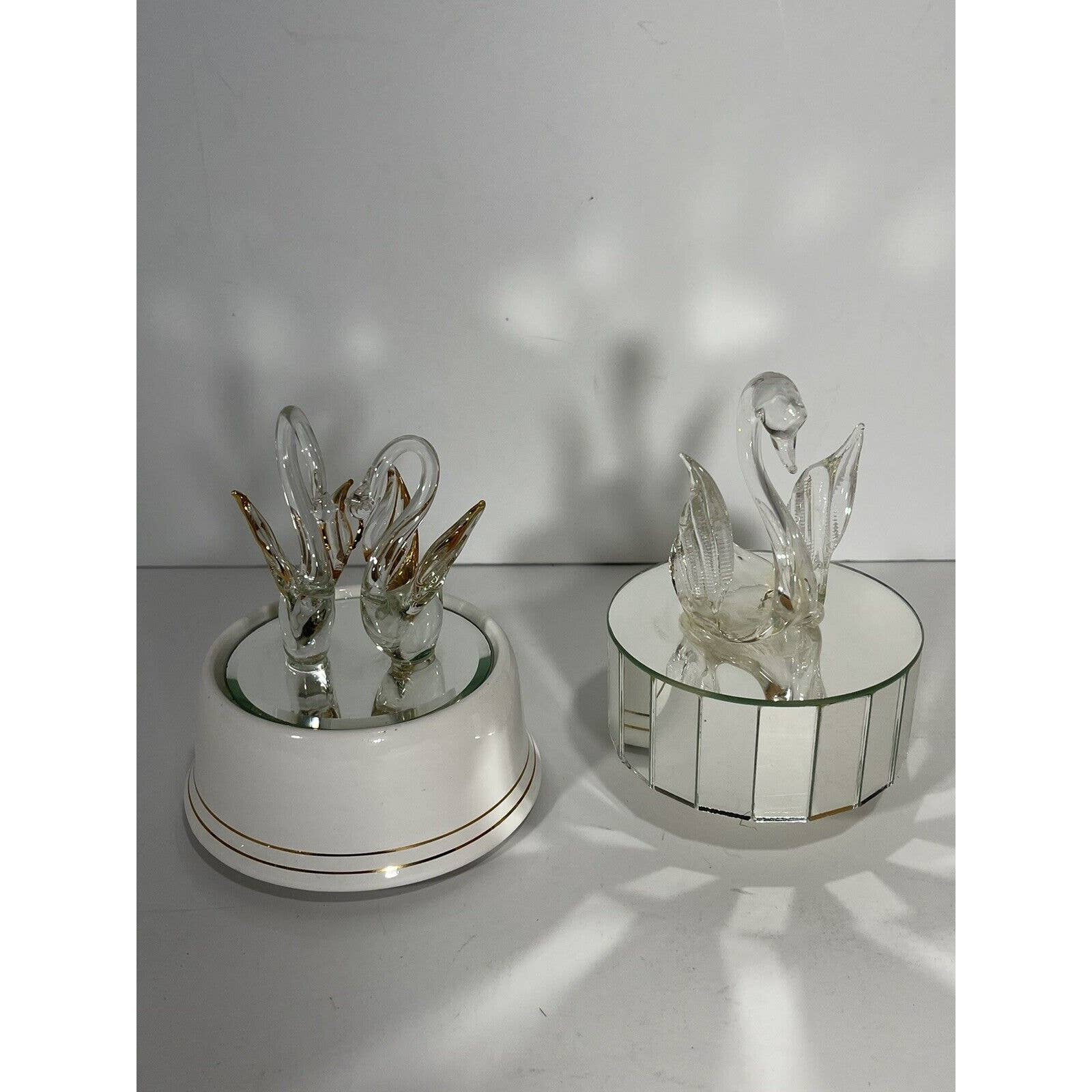 Lot Of 2 Hand Blown Swans Music Box Mirrored + The San Francisco Music Box Rotat
